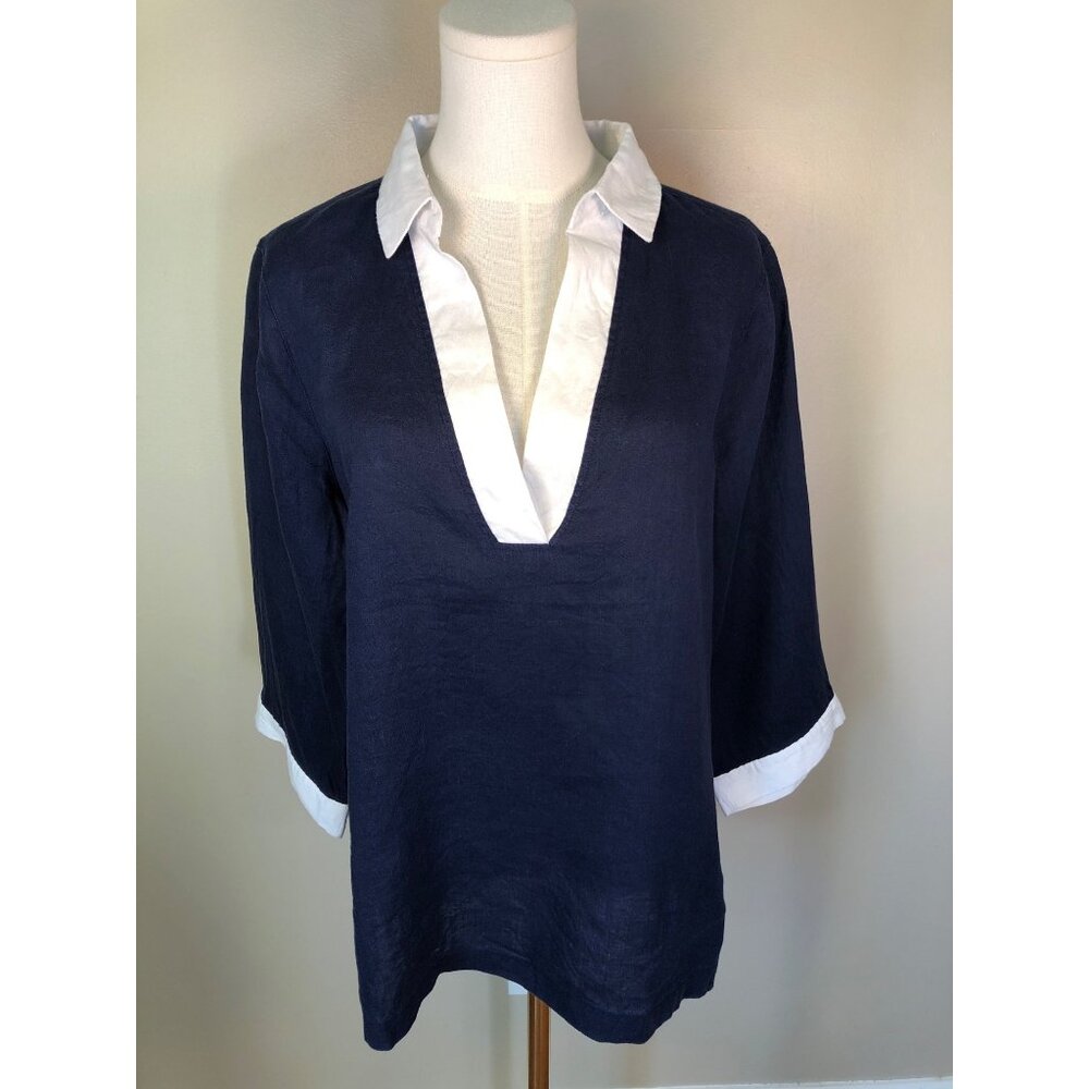 NWT Isaac Mizrahi 100% Linen Collared V Neck 3/4 Sleeve Navy White Top Sz L